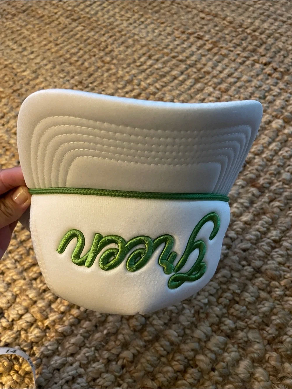 White Trucker Hat with Green Script Accent